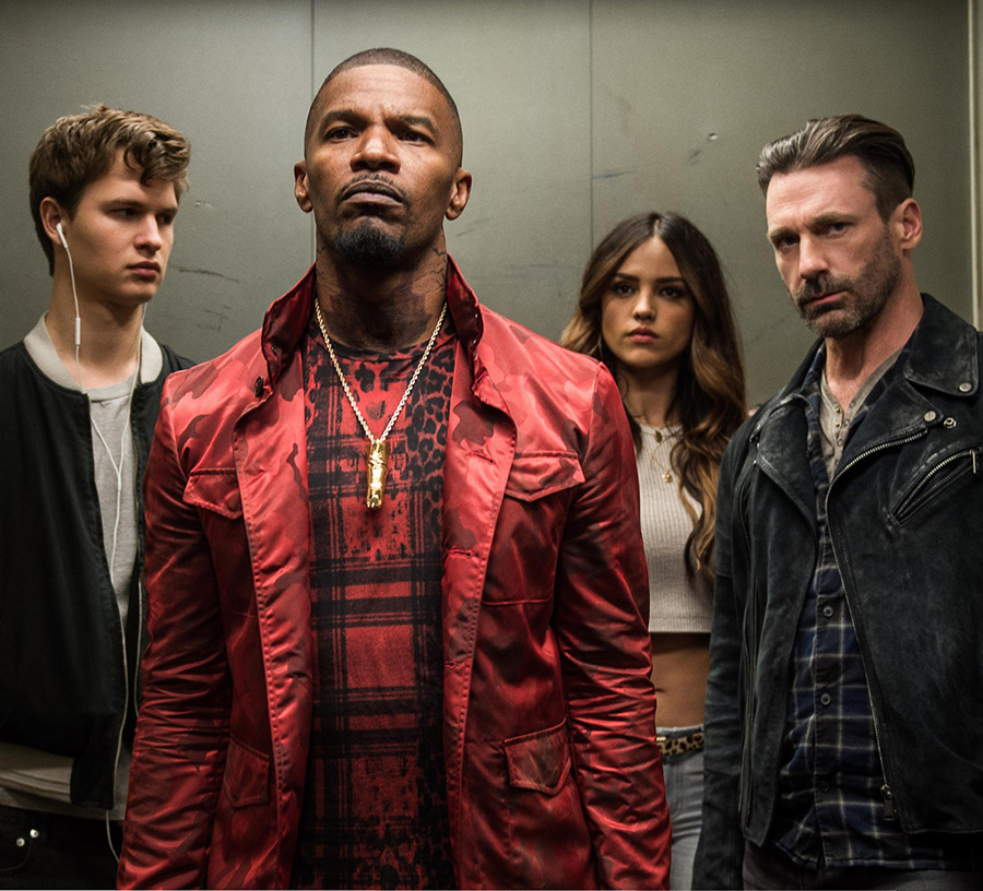 (Caption: (l to r) Baby (ANSEL ELGORT), Bats (JAMIE FOXX), Darling (EIZA GONZALEZ) and Buddy (JON HAMM) decide on doing the heist in TriStar Pictures' BABY DRIVER. Photo by Wilson Webb (Caption: (l to r) Baby (ANSEL ELGORT), Bats (JAMIE FOXX), Darling (EIZA GONZALEZ) and Buddy (JON HAMM) decide on doing the heist in TriStar Pictures' BABY DRIVER. Photo by Wilson Webb